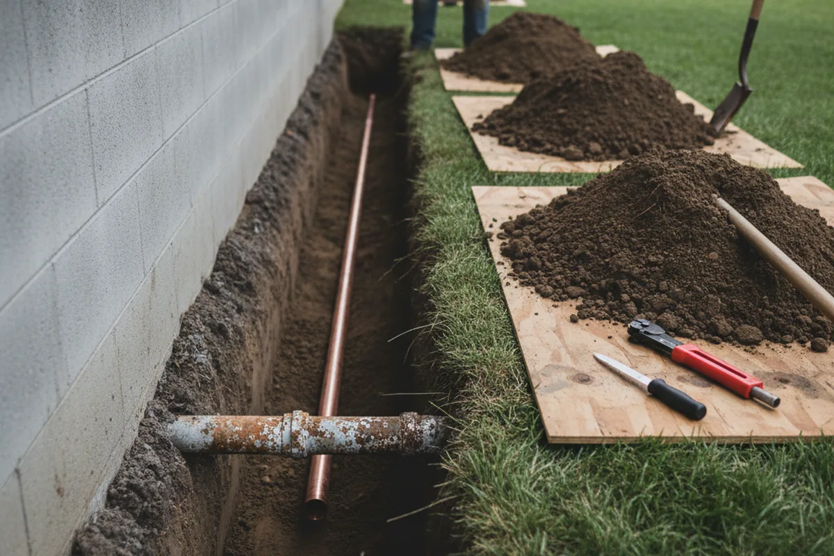 Excavated water line trench during Sewer Line Repair in Mexico